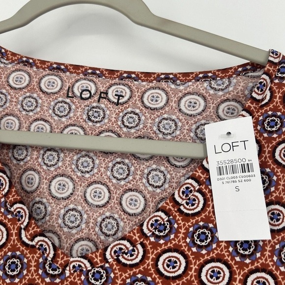 NEW LOFT Medallion Pleated V Neck Long Balloon Sleeve Tee Shirt Orange Size S - Picture 9 of 11